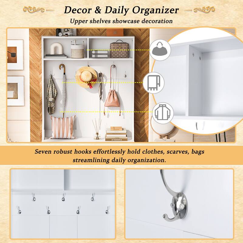 43.3"Wide Hall Tree with Shoe Storage, Entryway Bench Mudroom Coat Rack Cabinet with 10 Cubbies, 7 Hooks