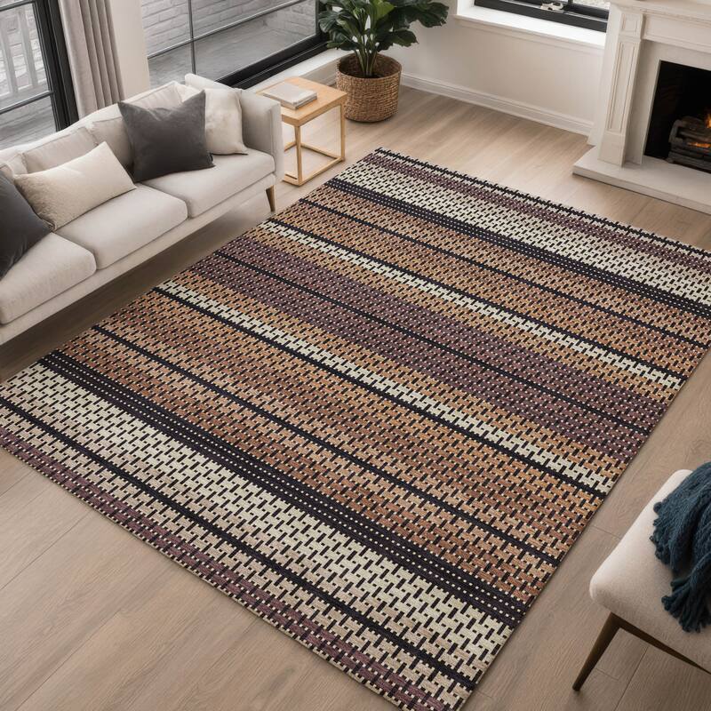 Machine Washable Indoor/ Outdoor Boho Stripe Chantille Rug