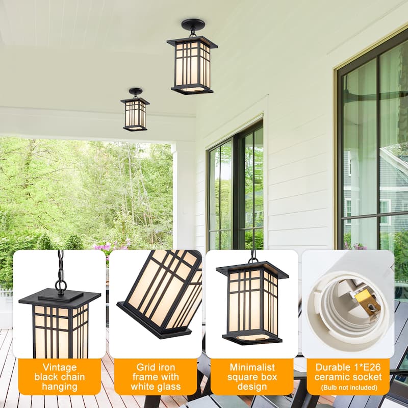 Black Outdoor Pendant Light with White Glass Porch Ceiling Fixture - Dia.7.48-in