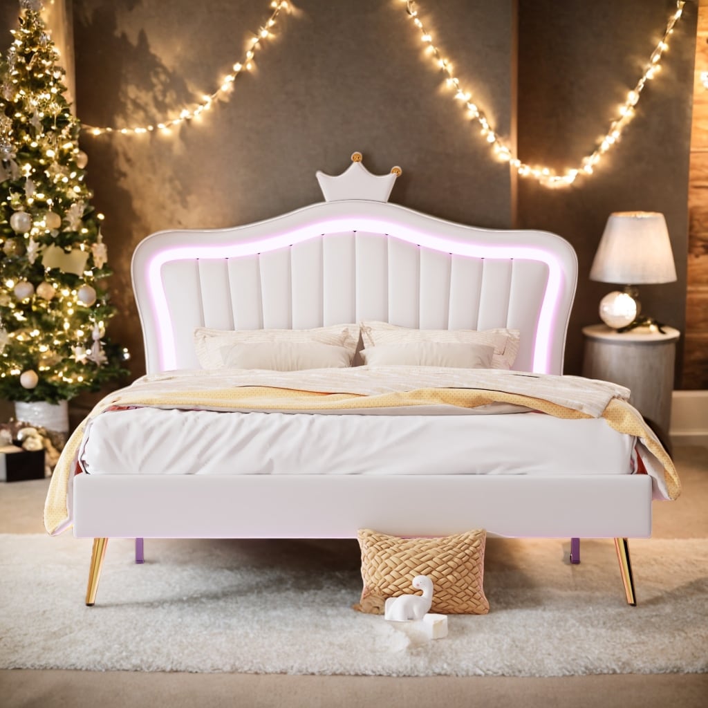 Queen Size Upholstered Bed Frame with LED Lights Modern Upholstered Princess Bed With Crown Headboard Bed Bath Beyond 40719288