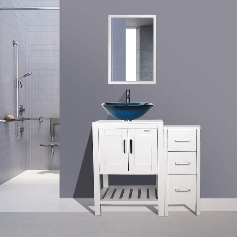 36" Bathroom Vanity Set Tempered Glass Ceramics Vessel Sink With Side Cabinet Combo - ocean blue square sink - White