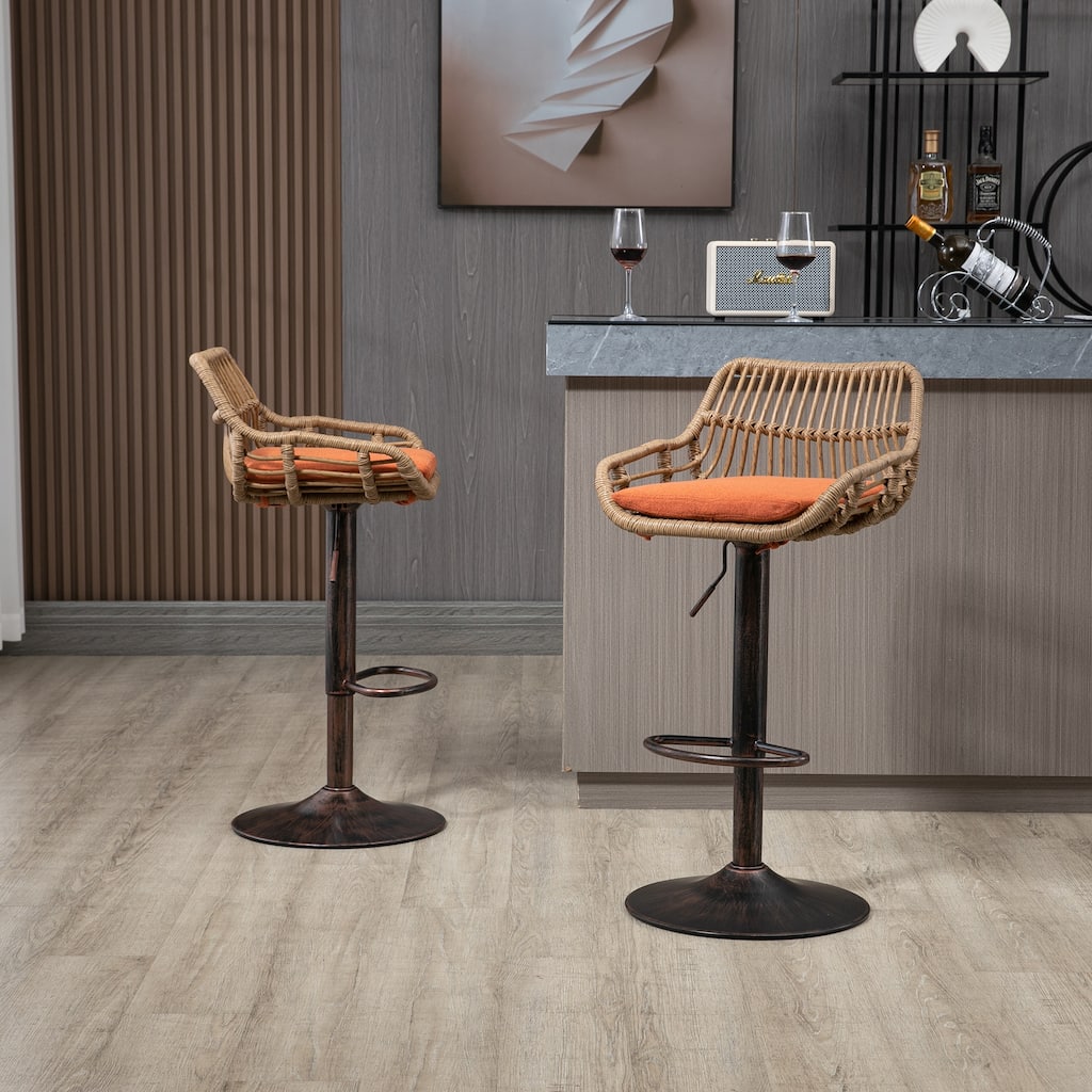 Upholstered Breakfast Stools Modern Swivel Adjustable Bar Stools Set Of 2 for Kitchen Dining Room Coffee House Orange