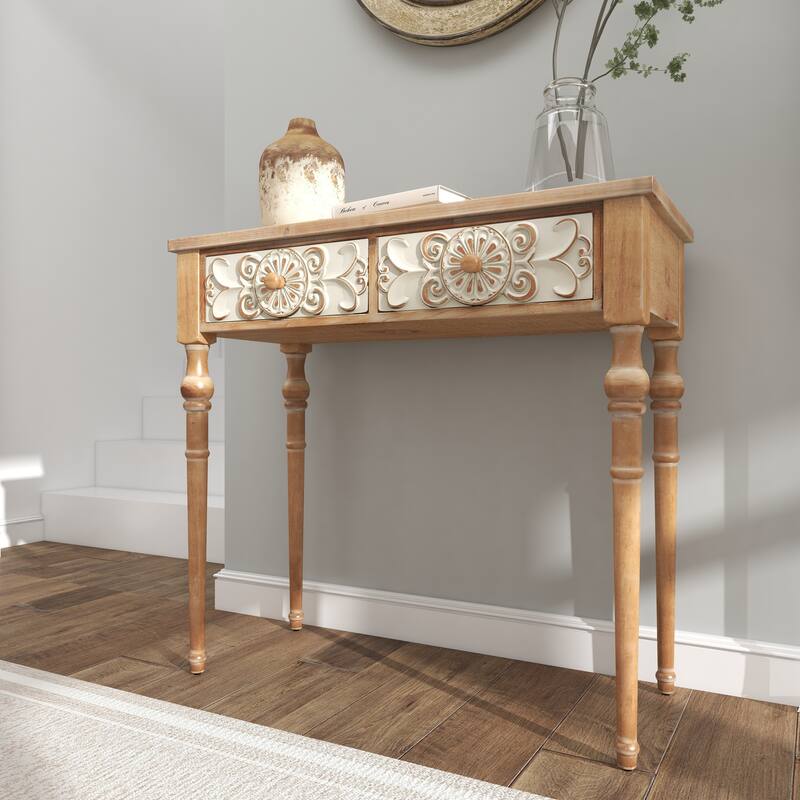 Brown Wood Intricately Carved 2 Drawers Floral Console Table