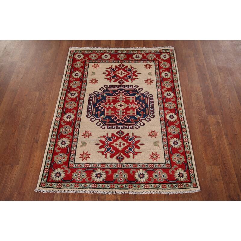 Ivory Geometric Kazak Accent Rug Hand-Knotted Wool Carpet - 2'10" x 3'10"