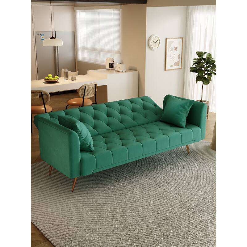 Velvet Loveseat Sofa Adjustable Backrest Sleeper Sofa Bed with 2 Pillow Upholstered Deep Seat Sofa, Tufted Couch