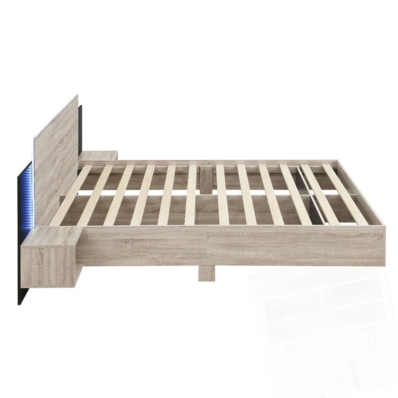 Wooden Floating Platform Bed, with LED Lights and Bedside Nightstand