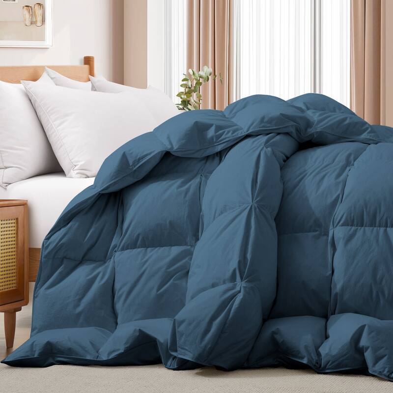 All Season 100% Cotton White Goose Feather Down Comforter with Pinch Pleat Design