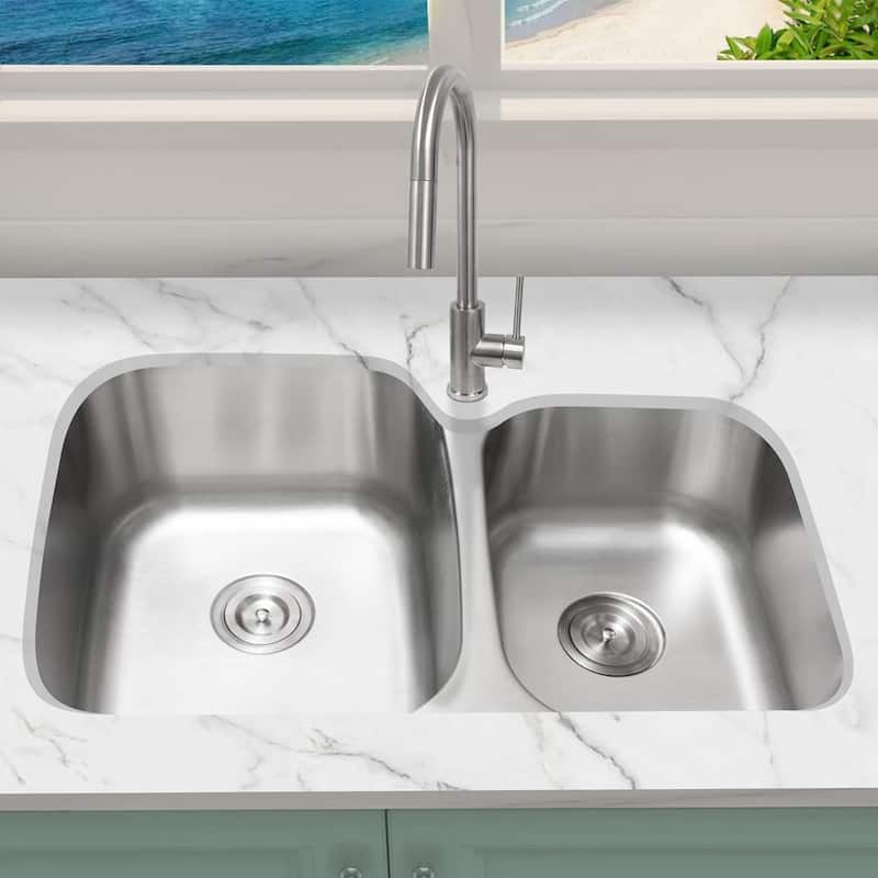 CB HOME 31" Classic Undermount Double Bowl Kitchen Sink, Undercounter 60/40 Big Bowl & Small Bowl Stainless Steel Sink Kitchen