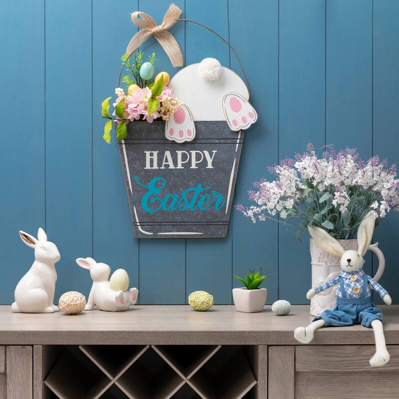 Glitzhome Easter Wooden Cute Bunny Eggs/Fence Door Hanger Wall Decor Spring Gift