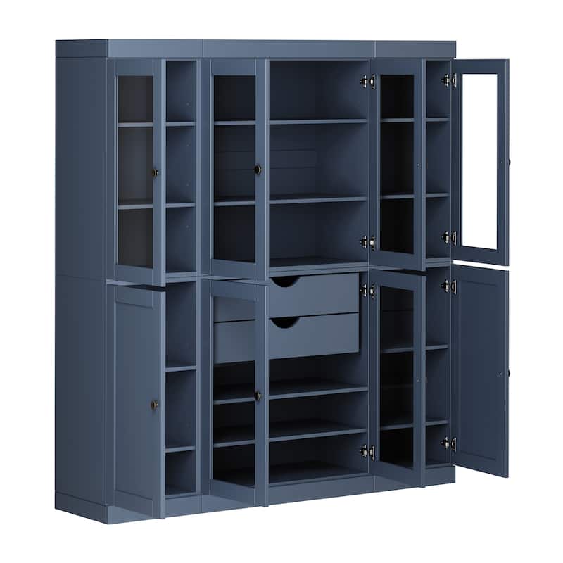 Palace Imports 100% Solid Wood 65" Pantry Cabinet with Clear Glass, Shaker Doors, 2-Drawers and Adjustable Shelves - Antique Blue