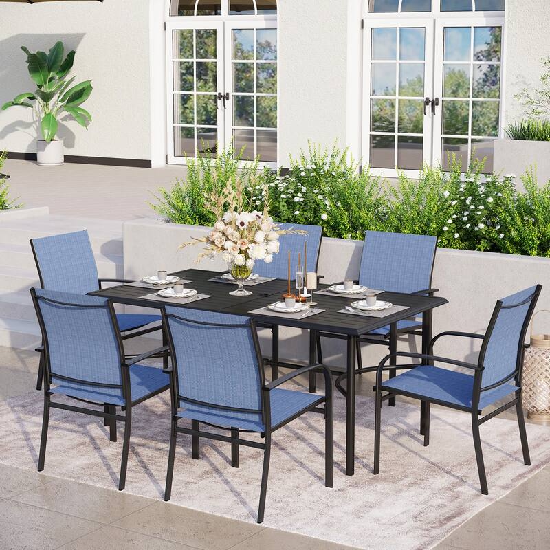 MAISON ARTS 7-Piece Outdoor Dining Set 6 Textilene Chairs and Metal Rectangular Outdoor Dining Table - Blue
