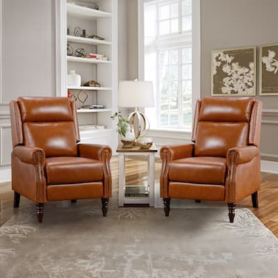 Mid-century Genuine Leather Recliner Push Back Adjustable Recliner Chairs with Comfortable Arms Set of 2