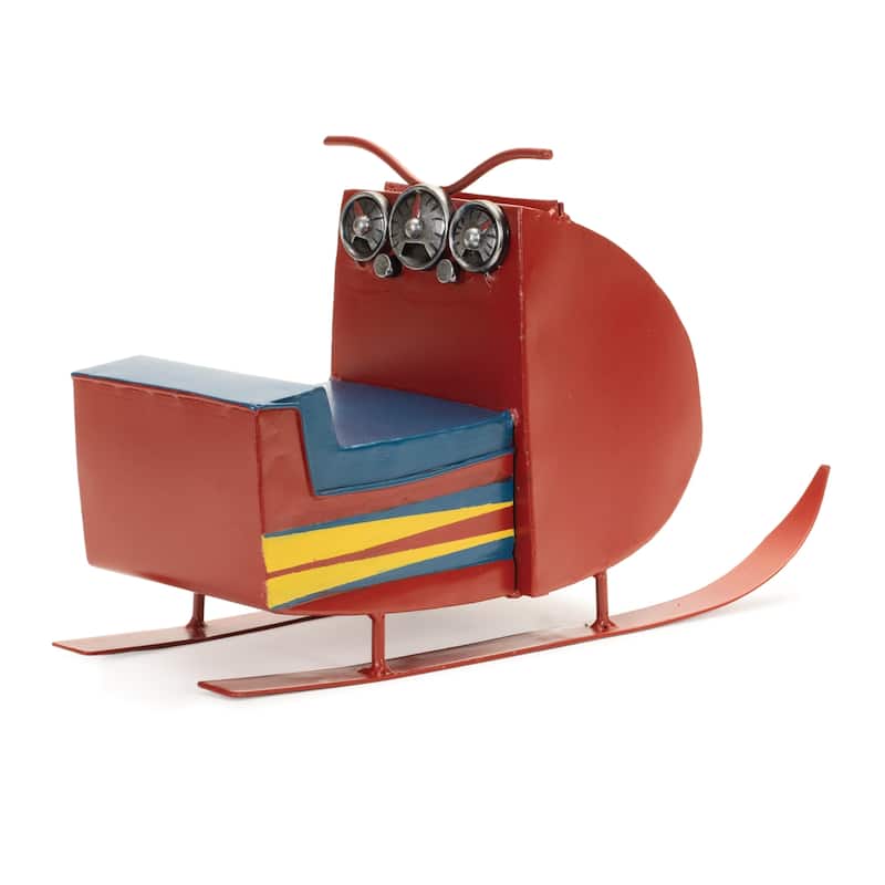 7.5”H Decorative Red Blue Metal Snowmobile for Shelf Rustic Lodge Accent for Winter Cabin Theme - 12.5”L x 5”W x 7.5”H