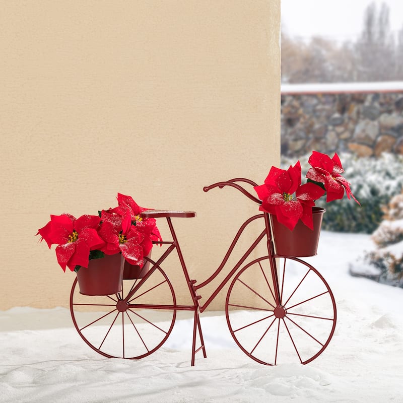 Glitzhome 29"L Spring Oversized Metal Bicycle Planter Stands Garden Flower Pot Cart - Red