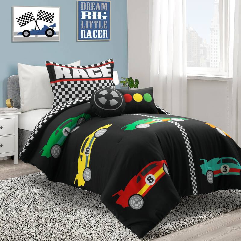 Lush Decor Racing Cars Reversible Oversized Comforter Set - Black/Multi  - Twin