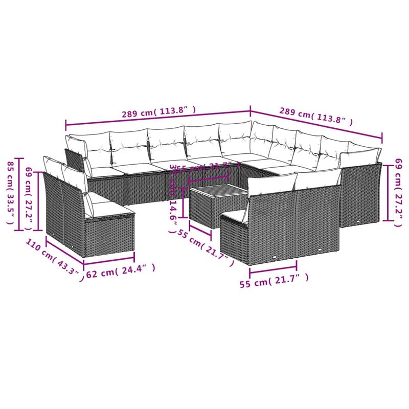 vidaXL Patio Sofa Set with Cushions Outdoor Furniture 14 Piece Poly Rattan - 24.4 x 24.4 x 27.2