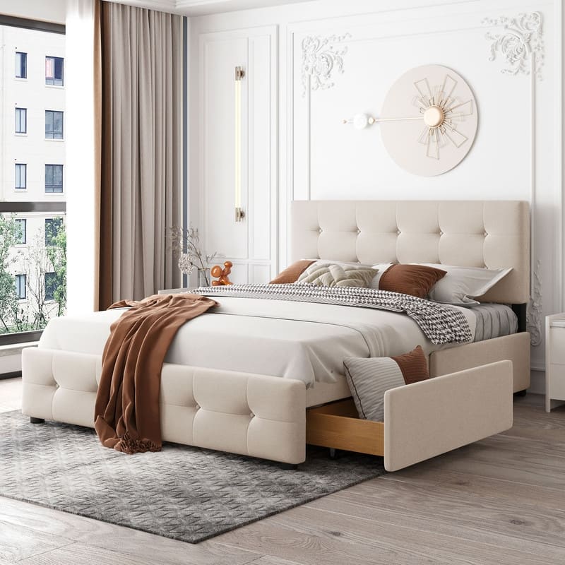 Upholstered Queen Size Platform Bed with 4 Drawers & Classic Headboard Design,Linen Fabric Bedframe