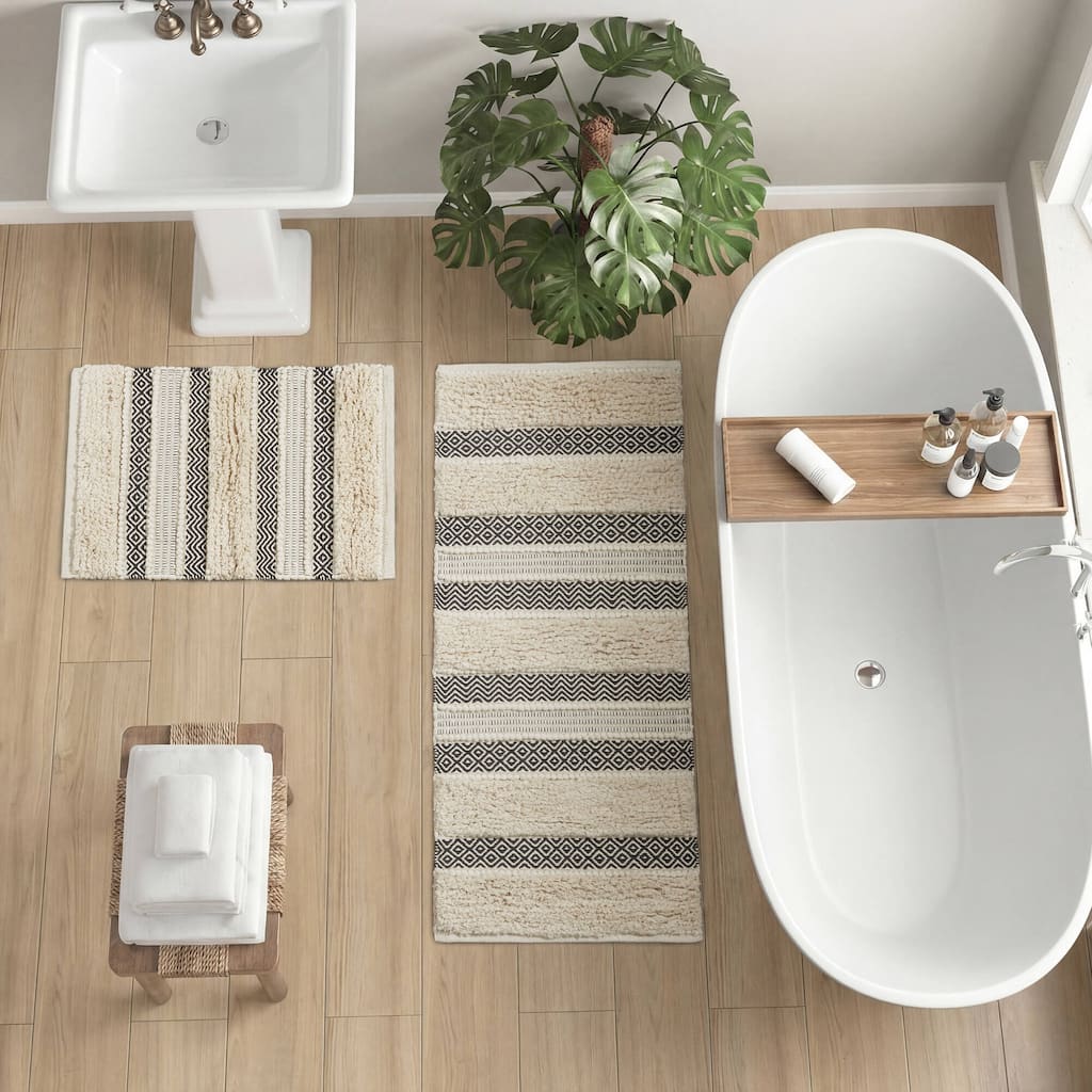 INK+IVY Asher Woven Texture Stripe Cotton Blend Bath Rug with Non-Slip Backing