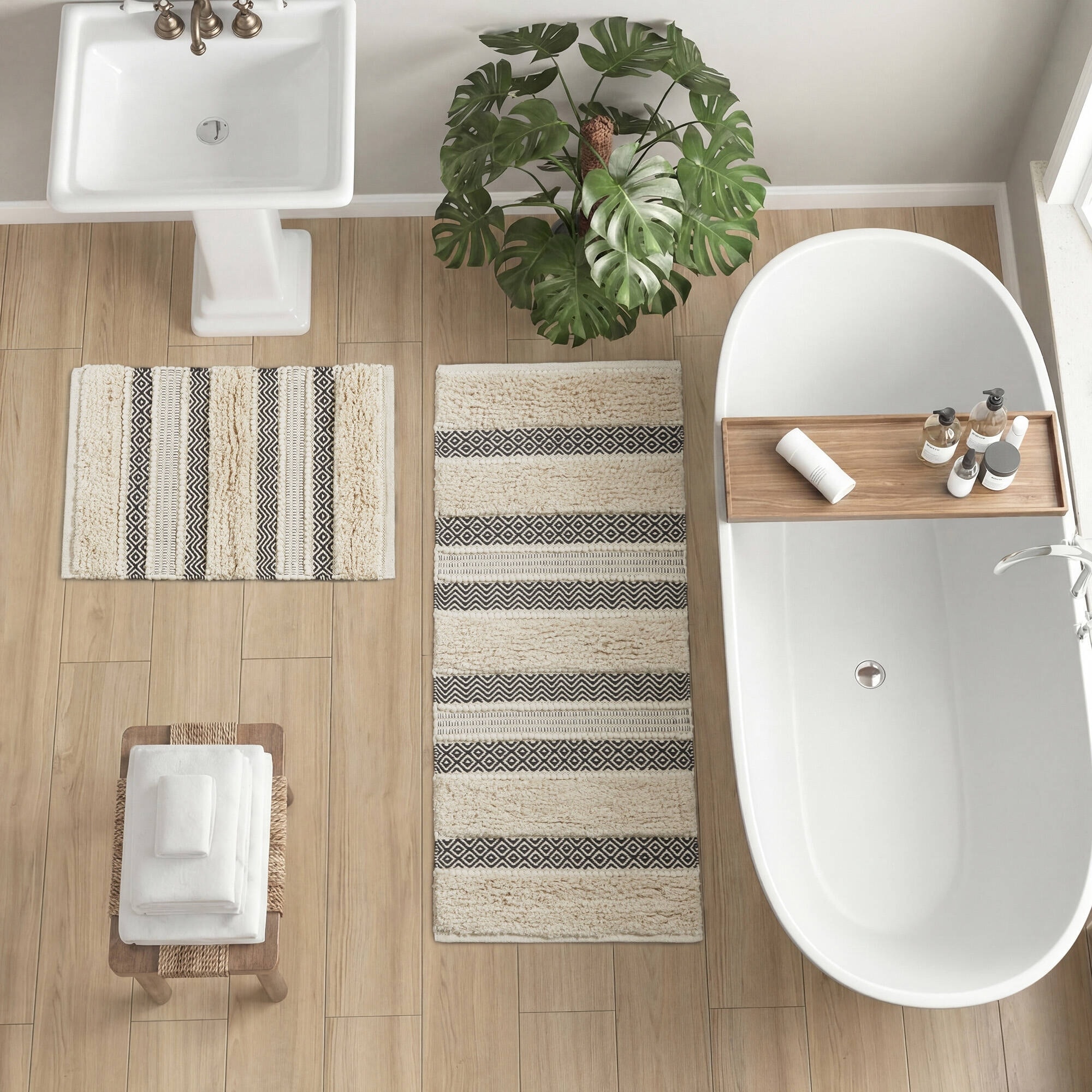 INK+IVY Asher Woven Texture Stripe Cotton Blend Bath Rug with Non-Slip Backing