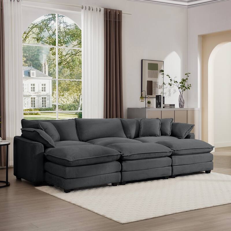 Grey Oversized Corduroy Cloud Sleeper Sofa with 3 Ottomans and 5 Pillows