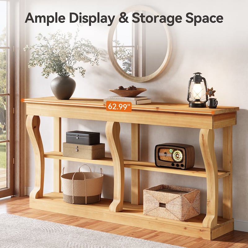 63 Inch Solid Wood Console Table for Entryway, 3-Tier Storage Shelves