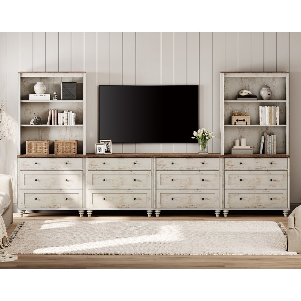 Rustic White Farmhouse TV Stand with Wooden Doors & Drawers