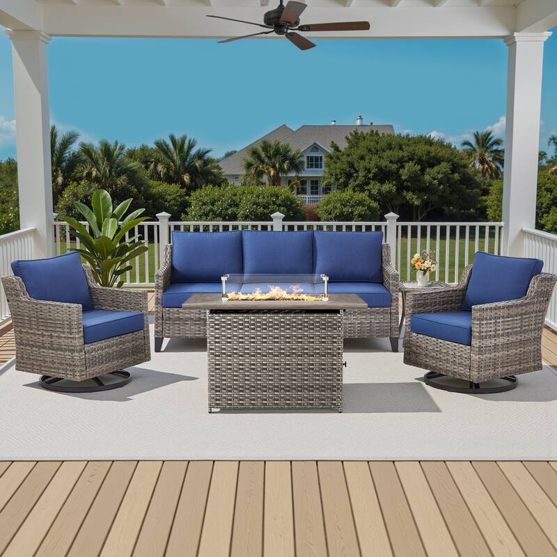 Pocassy 5 Pieces Outdoor Sofa Siwvel Chair w/ Fire Pit Table - Blue Cushion Gray Wicker - 5-Piece Sofa Siwvel Chair w/ Fire Pit Table