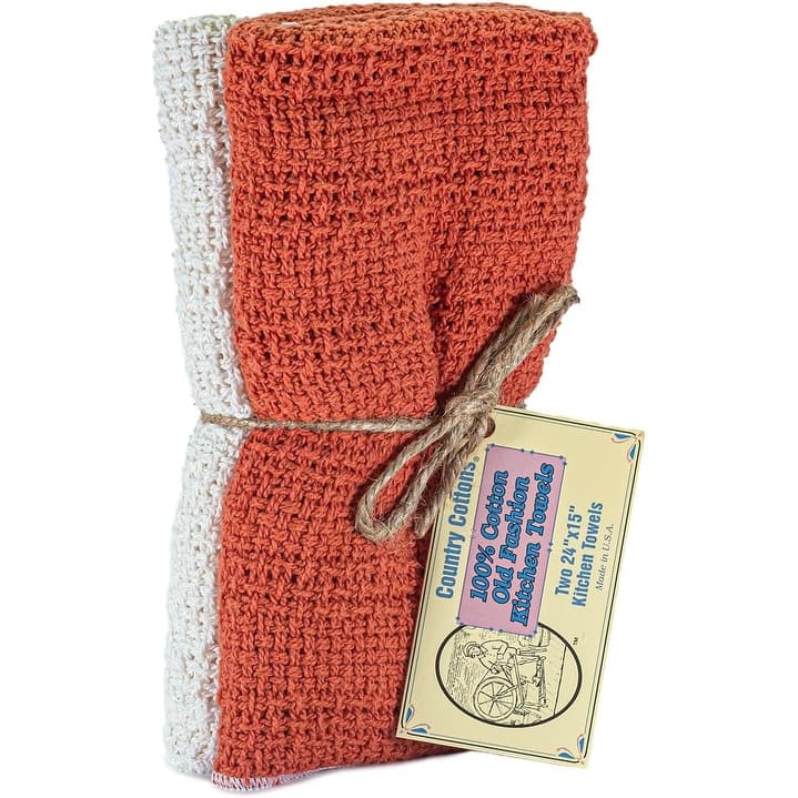 Country Cottons, Old Fashion 100% Cotton Made in The USA Highly Absorbent Kitchen Towels - Set of 2-24"x15" Various Colors - Paprika