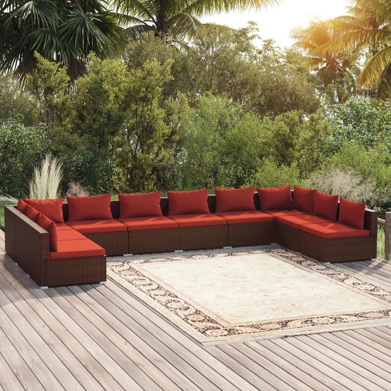 vidaXL 7 Piece Patio Lounge Set with Cushions Poly Rattan Brown - 27.6" x 27.6" x 24" - 27.6" x 27.6" x 24" - Brown/Cinnamon red 8 x Middle sofa