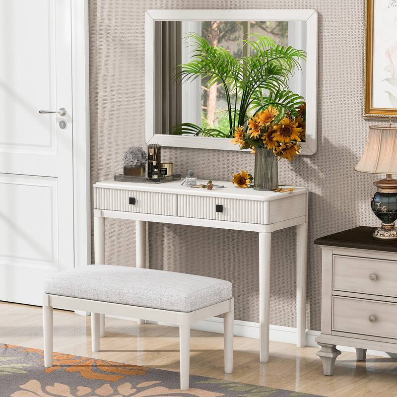 Vanity Desk with Mirror and Stool - White