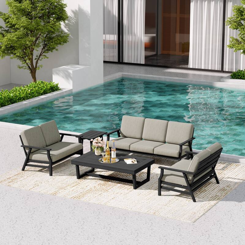 Teak Outdoor Seating Set with Daybed & Tables.