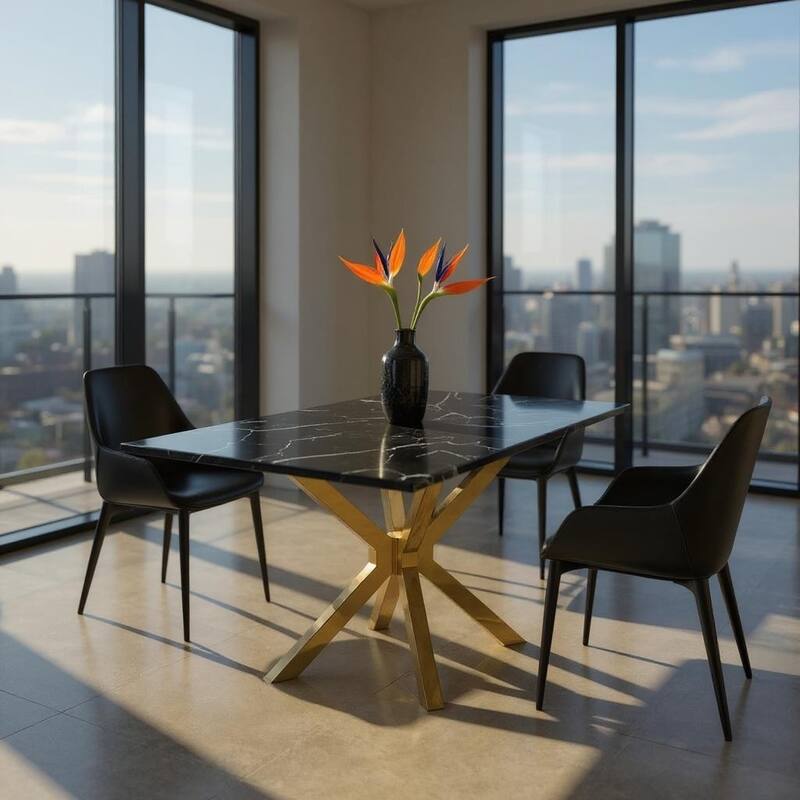 HomeRoots 79" Black and Gold Marble and Metal Cross Leg Base Dining Table - 78.7 in. x 29.9 in. x 39.4 in. - Black - 78.7 in. x 29.9 in.  x 39.4 in.