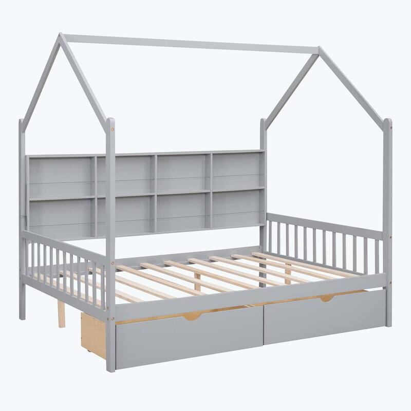Comfortable Wooden House Bed with 2 Drawers,Kids Bed with Storage Shelf
