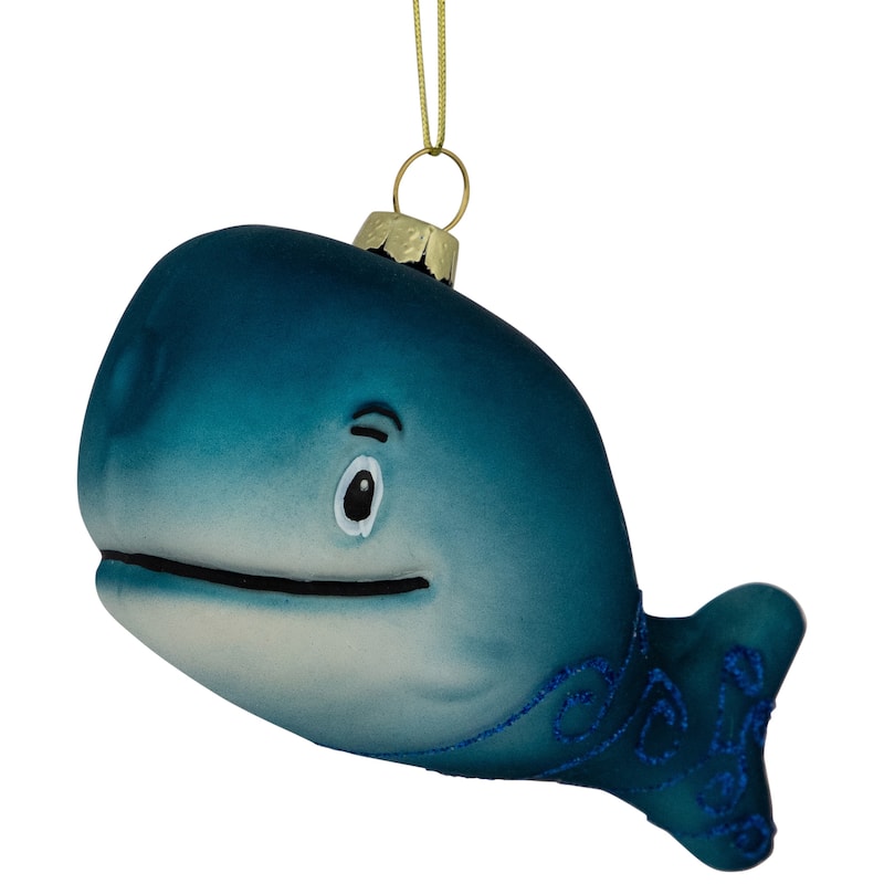 Glittered Whale Glass Christmas Ornament - 4" - Teal Blue - 2.5"