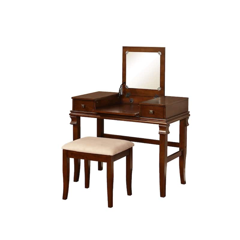 36" Walnut Brown Vanity Set with Mirror and Upholstered Stool