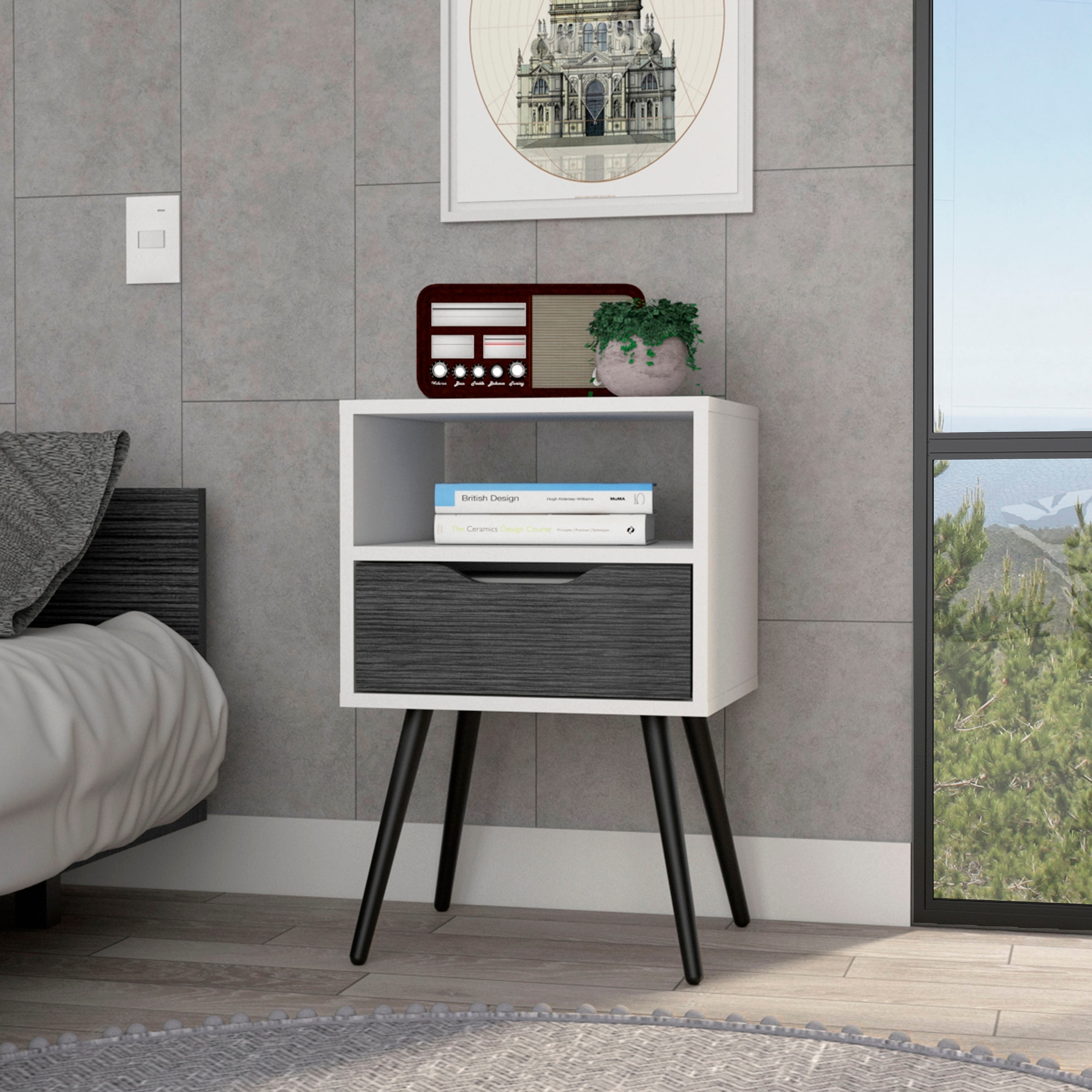 Modern Nightstand with Drawer and Shelf, Smokey Oak & White Finish, Space-Saving Design - Multicolor