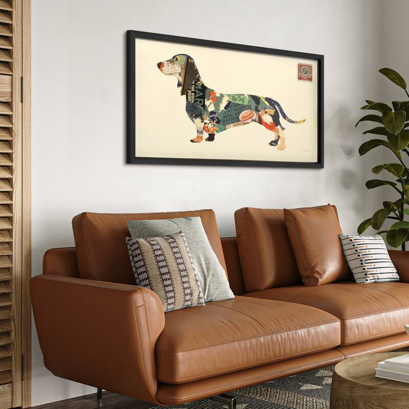 "Dachshund" Alex Zeng's dimensional collage, under glass & a black shadow box frame