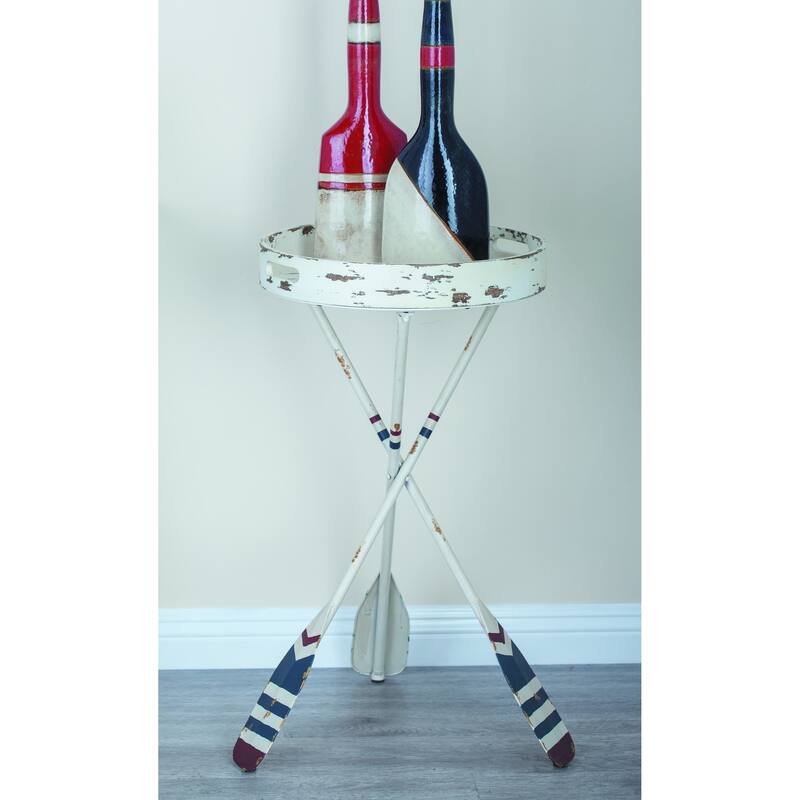 Metal Paddle Distressed Striped Accent Table with Navy and Red Striped Oar Legs - White - Roche River Decor