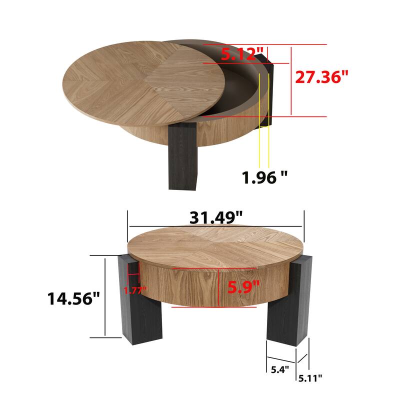 33" Round Coffee Table with Hidden Storage, Parquet Veneer Top Table, 3 Block Legs Sturdy Center Accent Table for Living Room