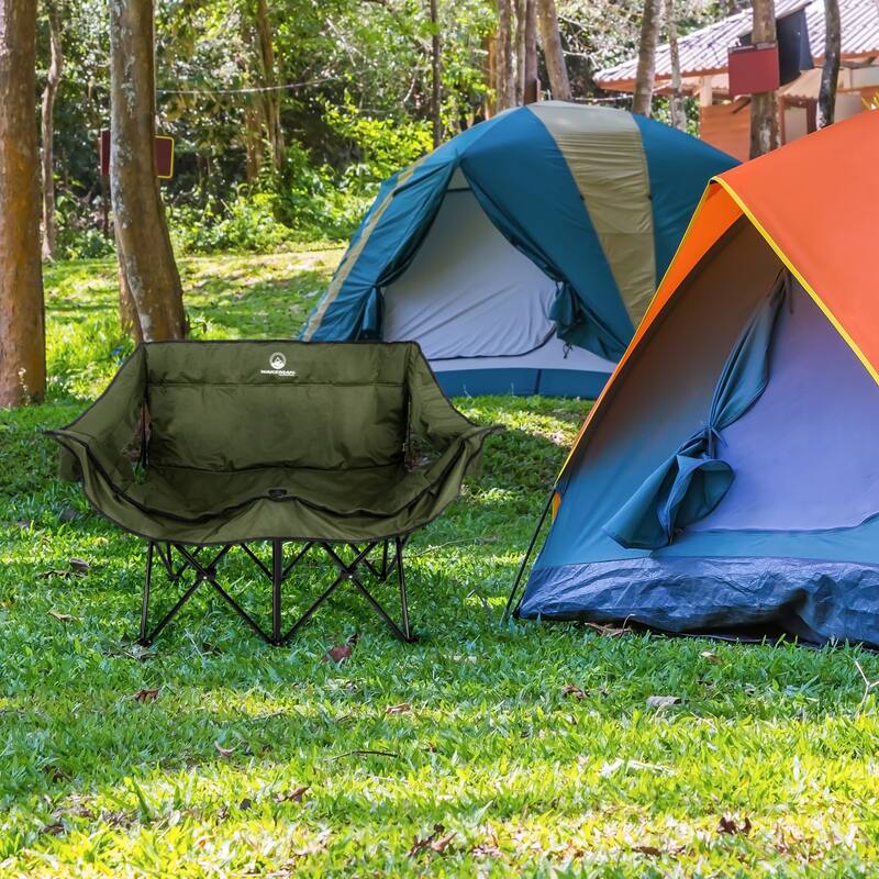 Double Camping Chair - Foldable Portable Couch with 2 Cupholders and Padded Seats - Two-Person Camp Chair by Wakeman Outdoor