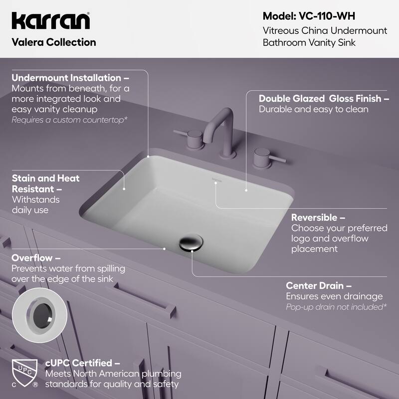 Karran 19-1/2" Undermount Vitreous China Bathroom Sink In White