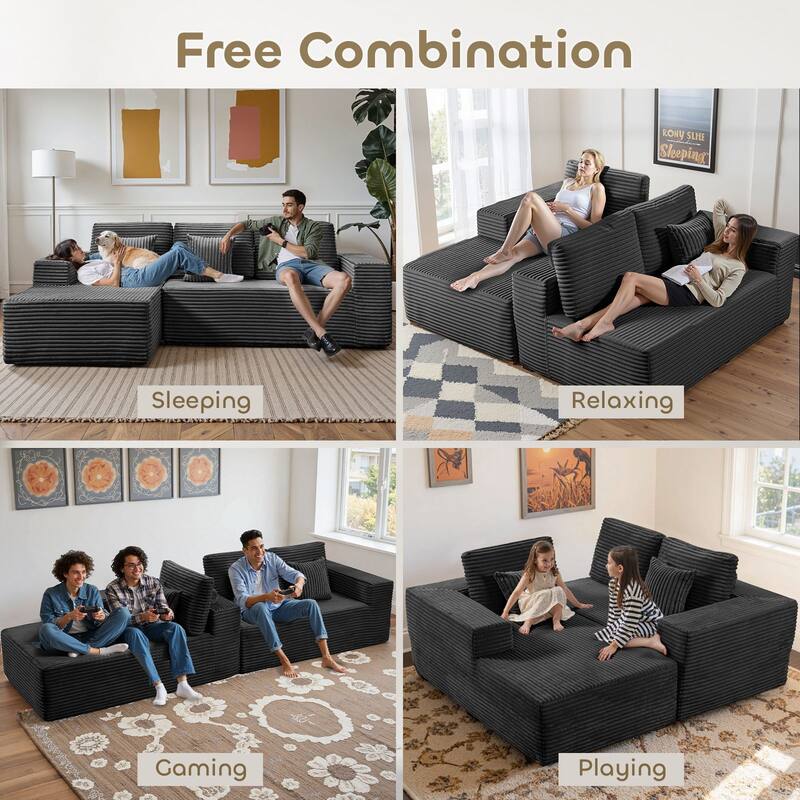 Meyreso No Assembly Required Long Plush L-Shaped Sectional Sofa with Round Nesting Coffee Tables