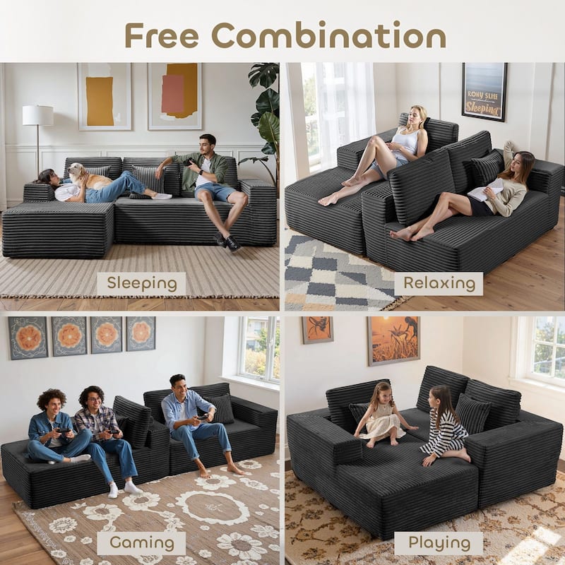 Meyreso No Assembly Required Long Plush L-Shaped Sectional Sofa with Square Nesting Coffee Tables