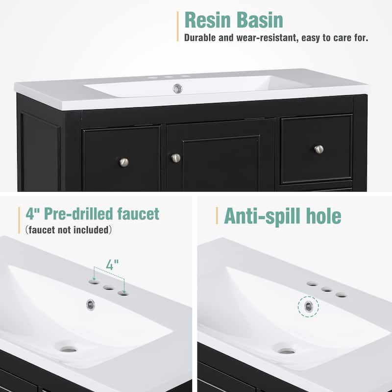 36" Black Bathroom Vanity with Resin Sink, 4 Drawers & 1 Cabinet Door, Adjustable Shelves, Modern Design