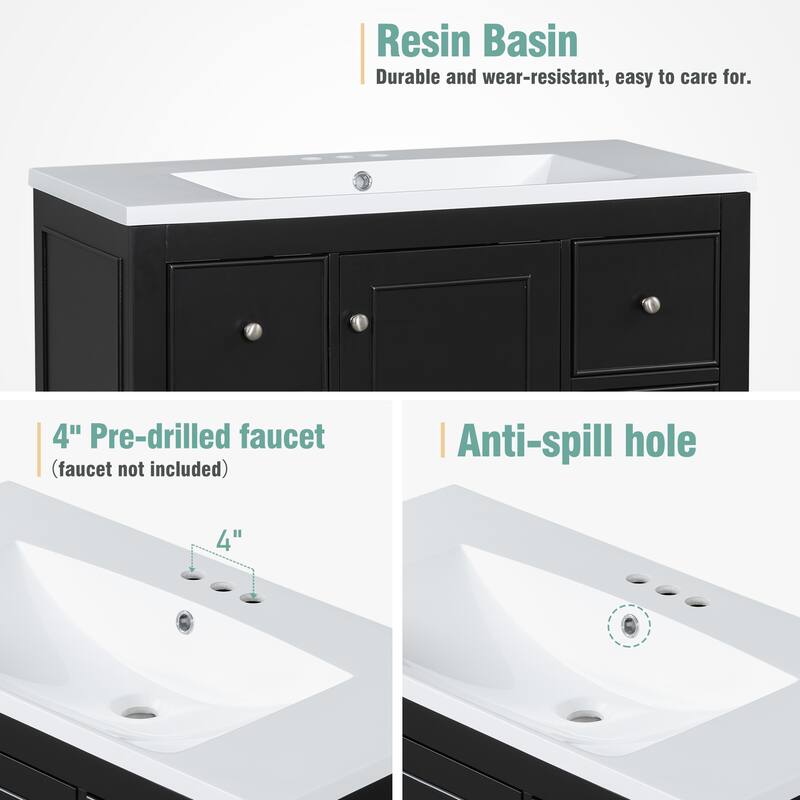 Black Multifunctional Storage Bathroom Vanity with Resin Integrated Sink, Removable Dividers, Adjustable U-shaped Shelf