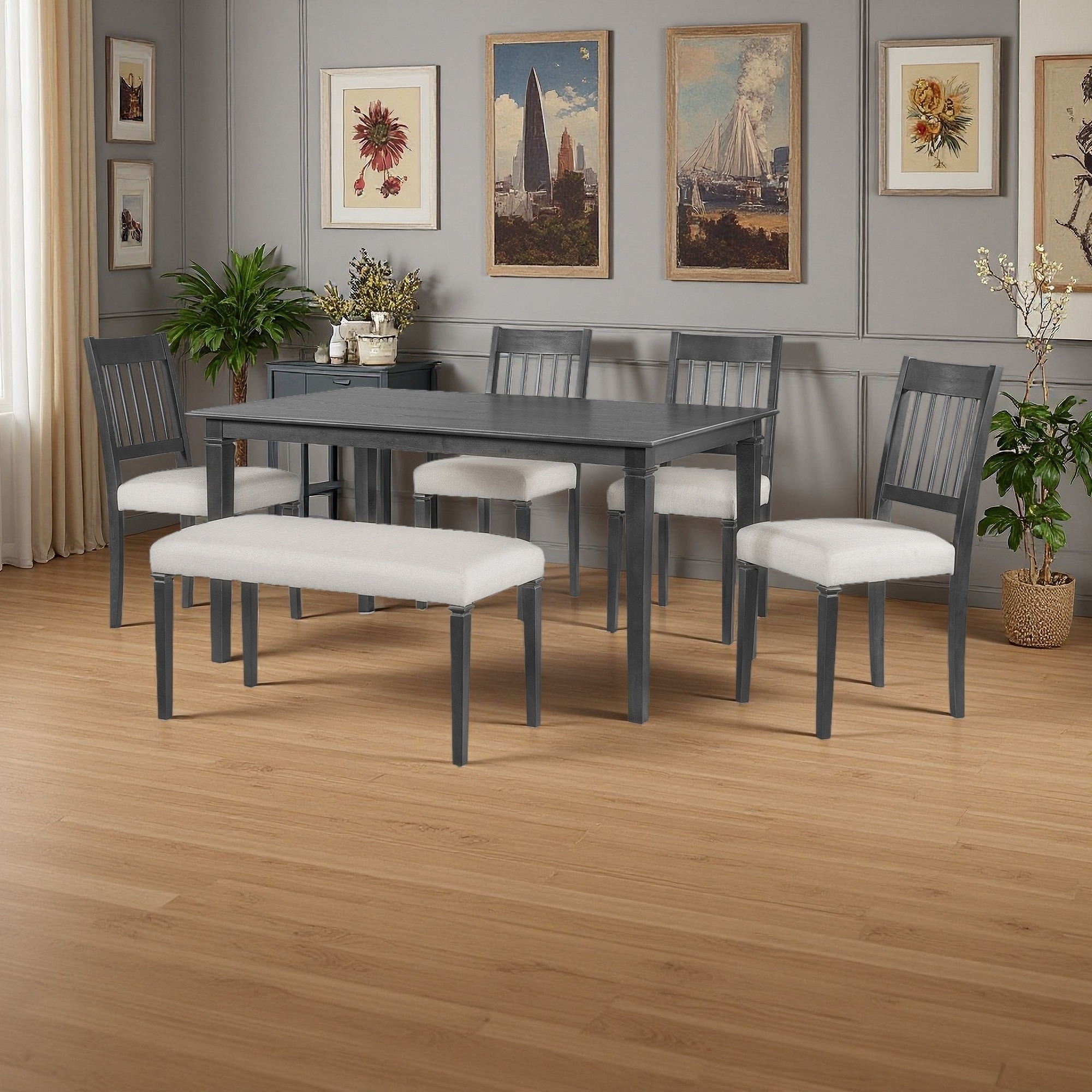 6-Piece Retro Dining Set, Rectangular Table with 4 Chairs & Bench