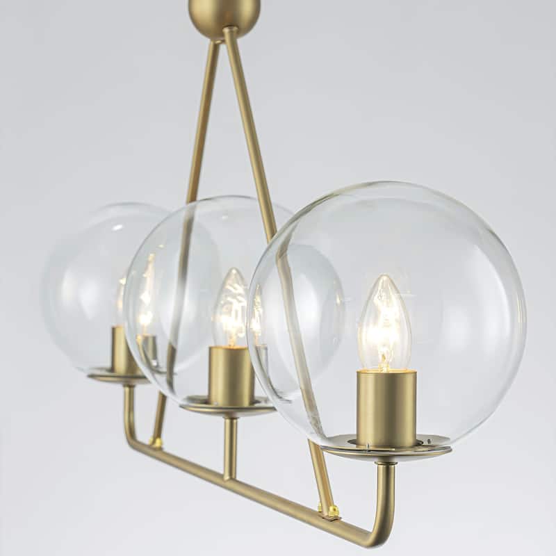 3-Light Modern Vintage Brushed Gold Linear Clear Glass Globe Bubble Pendant Light for Dining Room