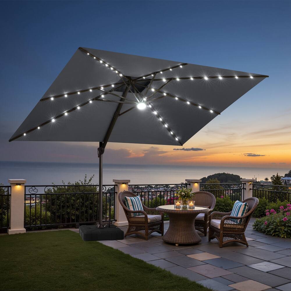 9 x11 FT Outdoor Double Top LED Lighted Patio Cantilever Umbrella with Weighted Base