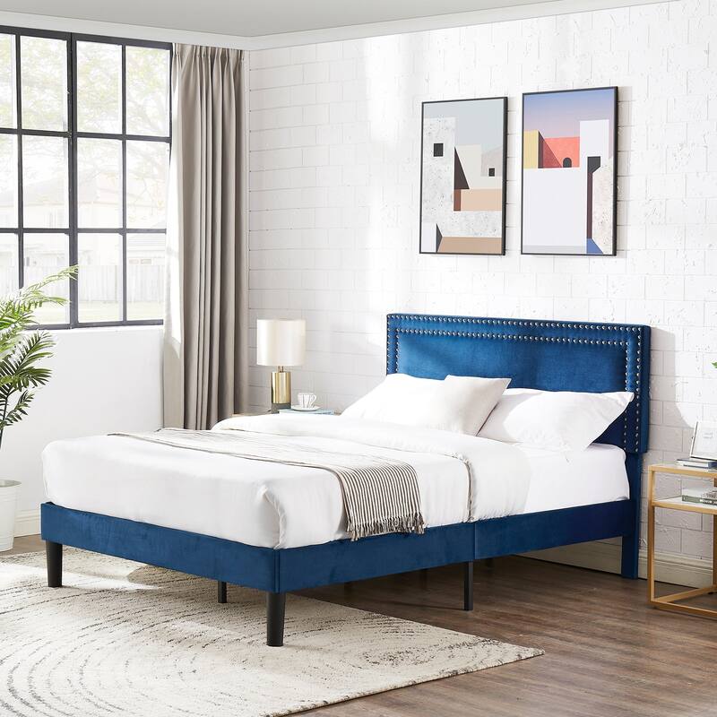 Tufted Nailhead Upholstered Platform Bed Frame with Adjustable Headboard，Blue - Full