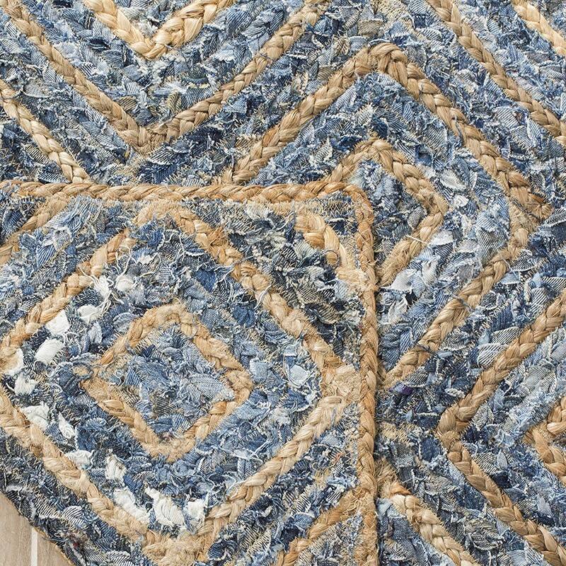 Area Rug 6x9 Natural Blue Jute Denim Braided Flatweave Living Room Bedroom Rug - 108 x 72